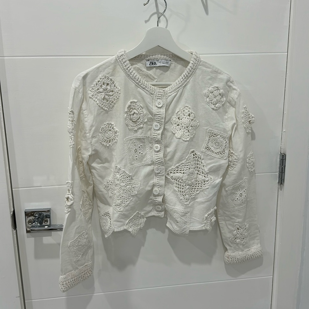 Zara Crochet Cotton Patchwork Top Long Sleeve Buttoned